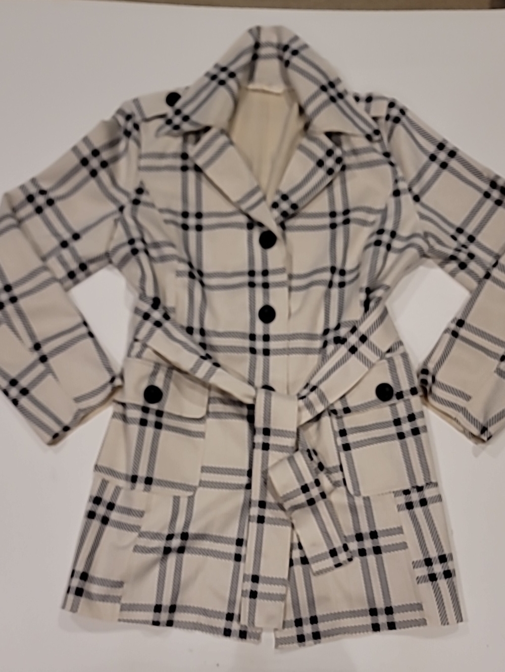 Solitaire Cream Plaid Trench Coat XL - Picture 5 of 14
